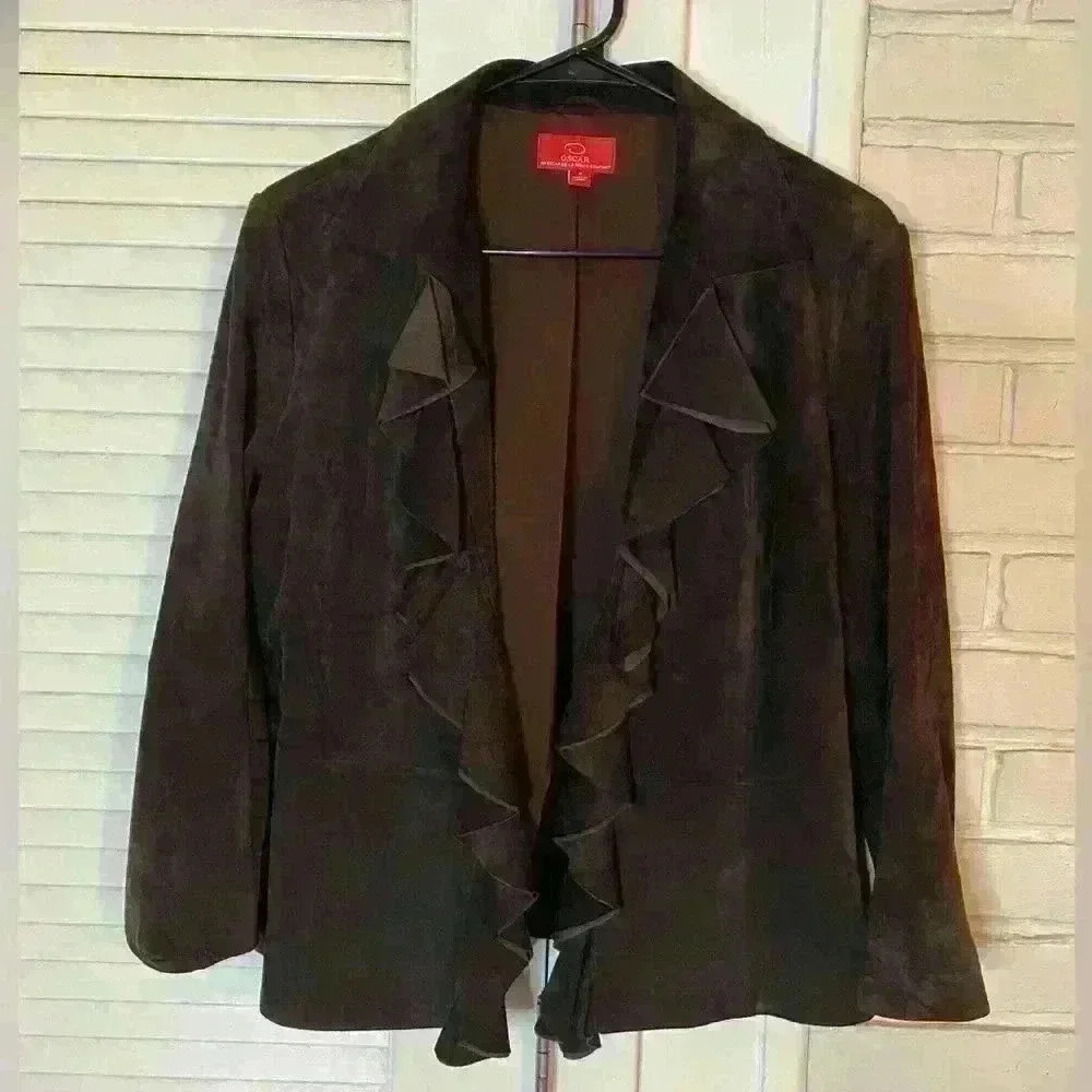 Oscar an Oscar De La Renta Company Brown 100% Suede Ruffle Blazer size 8 - Picture 2 of 13